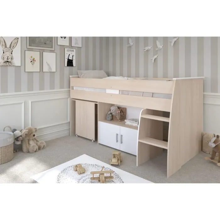 Lit combiné enfant Parisot ZOLA 90x200 cm - 2 portes - Avec bureau - Décor acacia clair et blanc-2