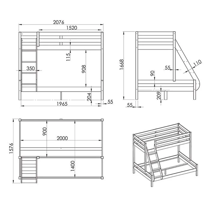 Lit Superposé Triple - Vipack - Pino - 3 Couchages - Bois Massif - 140x200 cm-2