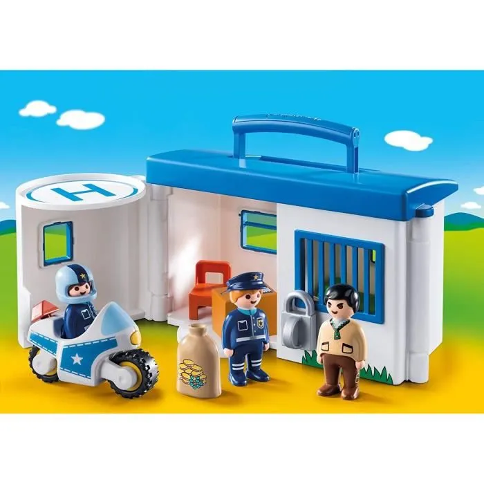 Commissariat de police transportable - PLAYMOBIL 1.2.3 - Avec bureau, héliport et moto de police-1