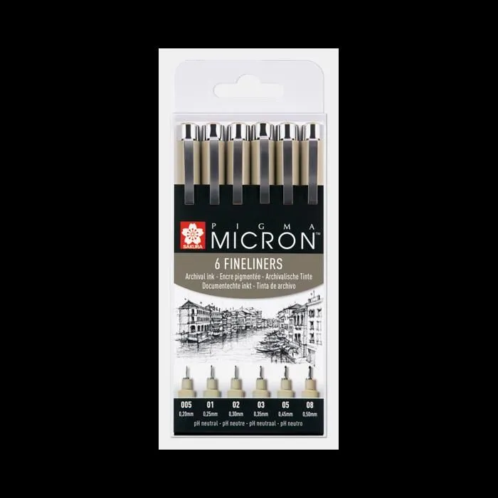 Feutres de précision - Sakura - Pigma Micron - 6 feutres - Pointe 0,2-0,5mm - Noir-0