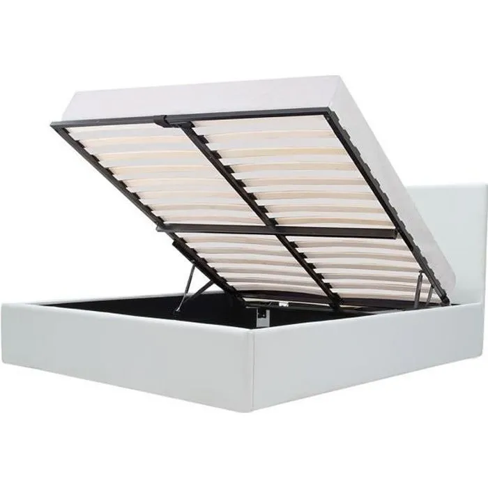 MARTIN Lit adulte 140 x 190 cm + coffre de rangement - Simili blanc - Sommier inclus-0