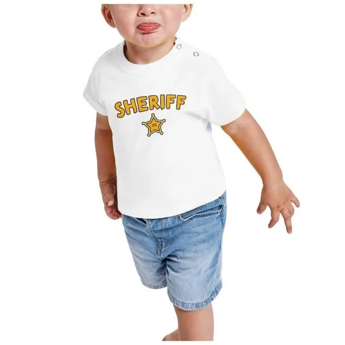 T-shirt Bébé Manche Courte Blanc Sheriff Etoile Police Far West BD-1