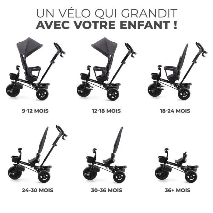 Tricycle évolutif 3 roues KINDERKRAFT Aveo - De 9 mois à 5 ans - Selle pivotante - Gris-1