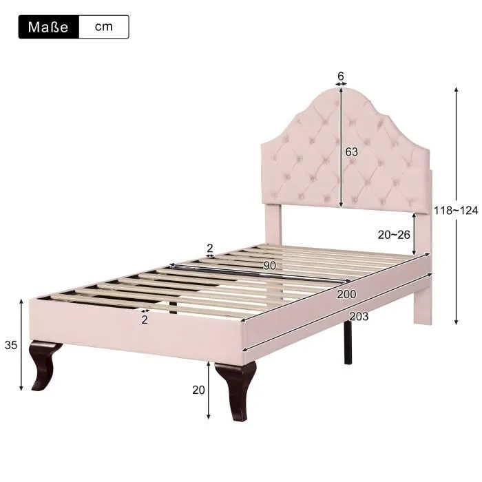 Lit capitonné simple 90 x 200 cm en velour rose, Tête de lit réglable, Sommier à lattes en bois, pour fille, Rose-3