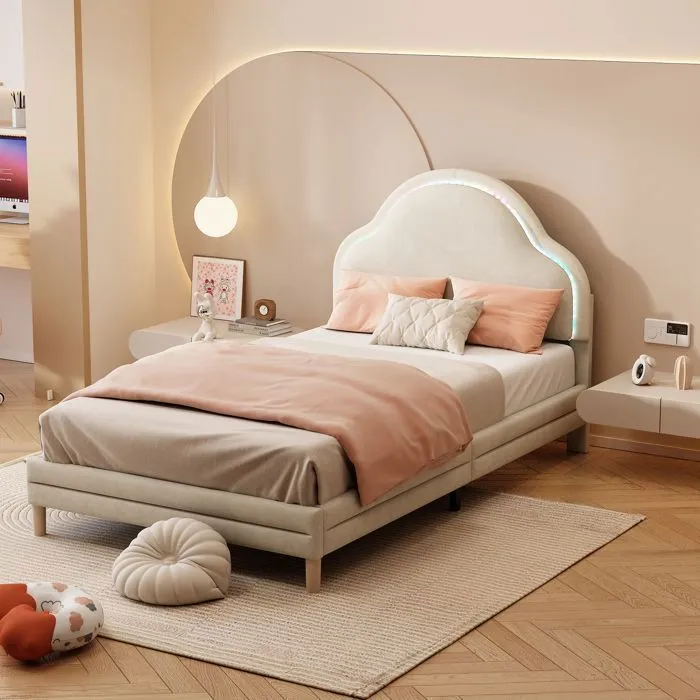 Lit simple enfant - Beige - 90x200 cm - Design nuage avec LED - Structure en bois - 1 place-2