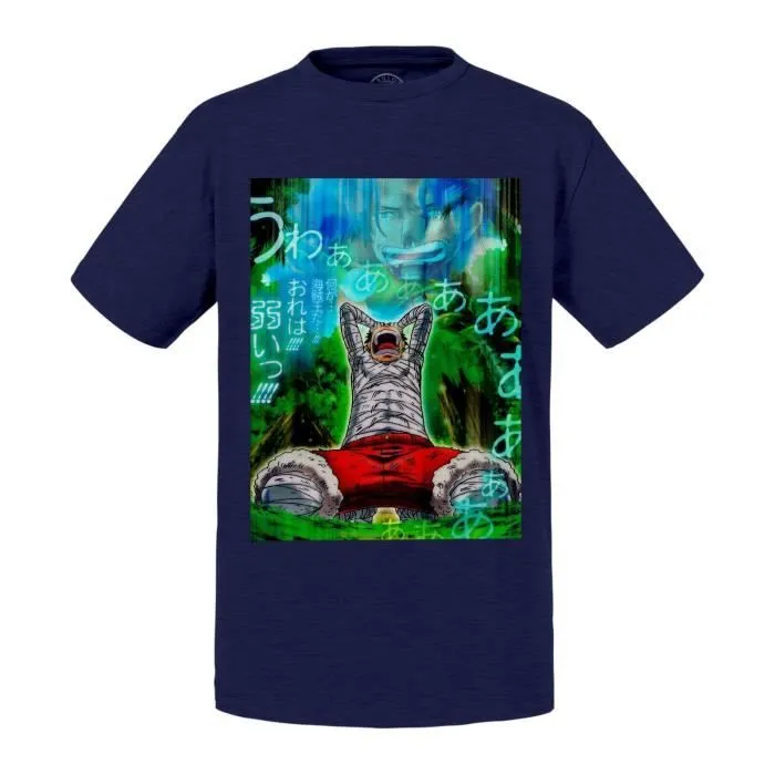 T-shirt Enfant Bleu Luffy Pleure Ace Aux Poing Argent One Piece Manga Pirates-0