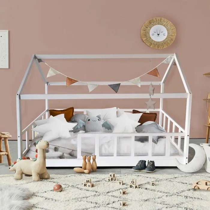Lit cabane Kiwi 90x200 + 1 sommier + barrière /Blanc-4