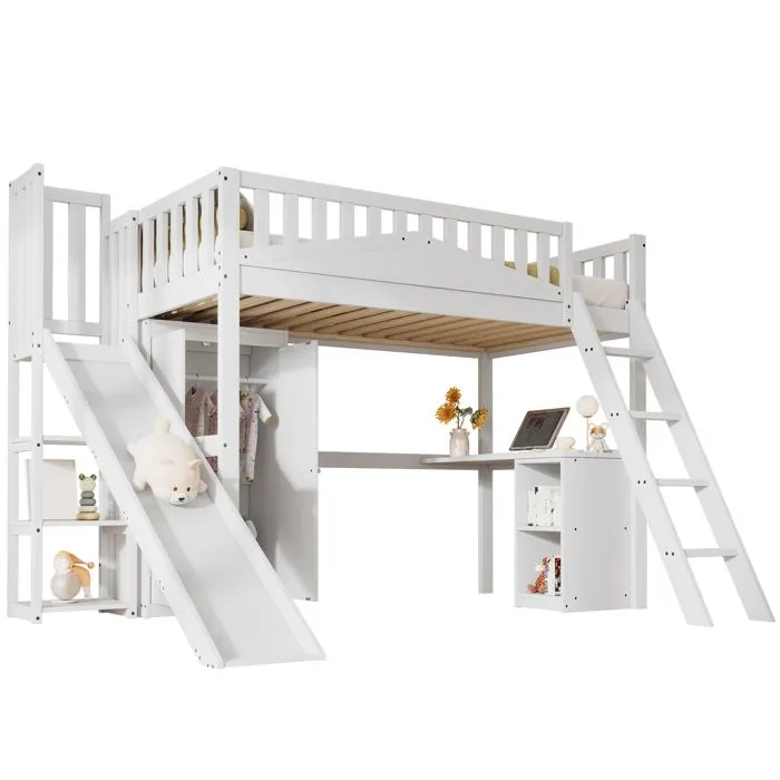 Lit mezzanine - Enfant - 90x200cm - Blanc - Toboggan - Bureau et armoire intégrés-4