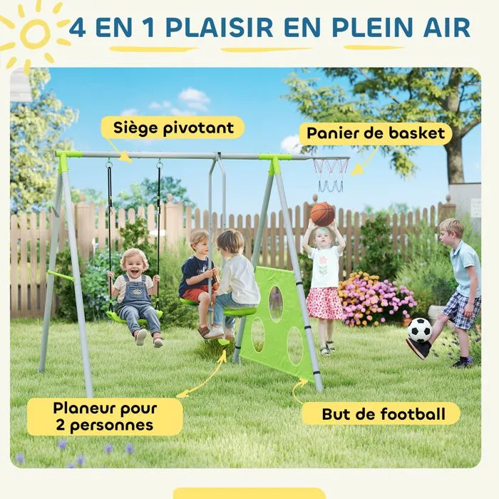 Portique balancoire enfant 4 en 1 - AIYAPLAY - sièges et face à face, panier de basket-ball et but de football, charge 135 kg - vert-4