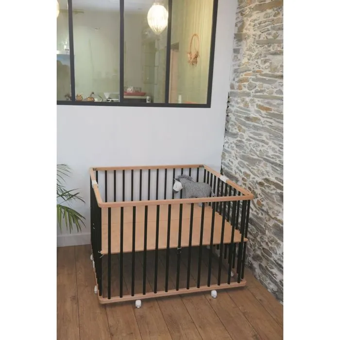 Parc bébé en bois pliant Gaby - Combelle - Noir - Plancher réglable - Roulettes - 92x88x67 cm-3