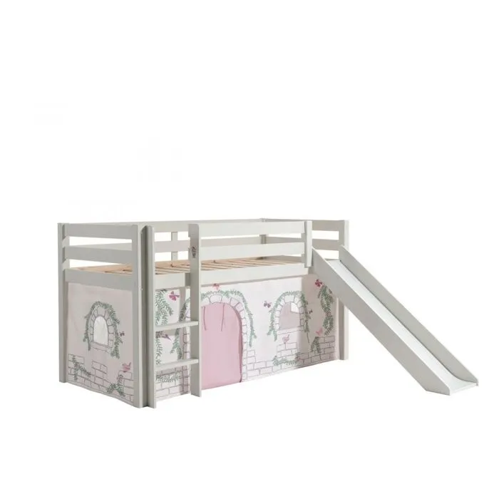 Lit mi-hauteur Astrid blanc avec toboggan et tente de lit Spring - VIPACK - en pin massif - pour enfant-1