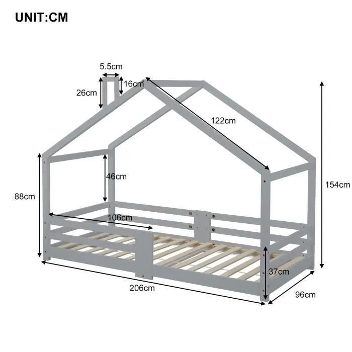 Merax Lit cabane pour enfant avec cheminée 90x200cm - Protection contre les chutes - Sommiers à lattes - Bois pin massif - Gris-3
