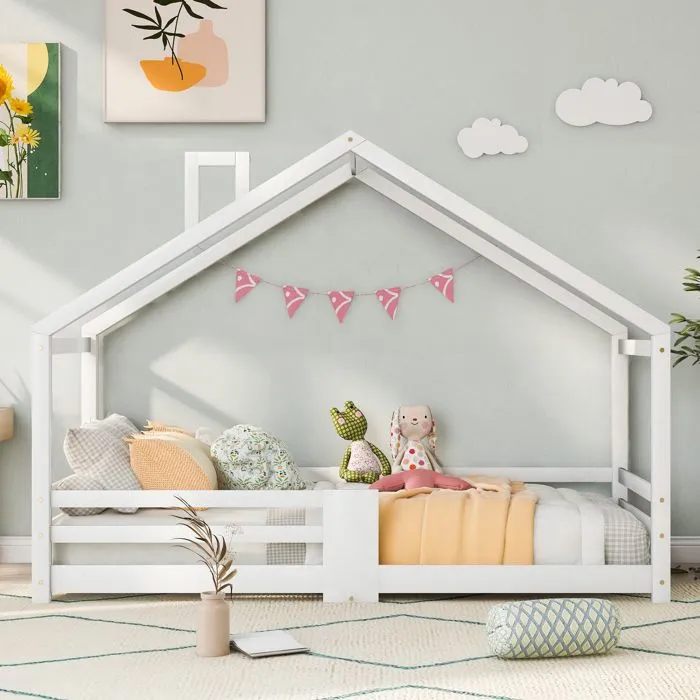 Lit cabane enfant 90 x 200cm, avec protection contre les chutes et cheminée, sommiers à lattes robustes, en bois de pin, blanc-1