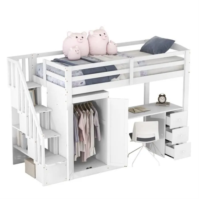 Lit mezzanine 90 x 200 avec penderie et escalier, bureau et tiroirs et armoire tout en un, blanc-2