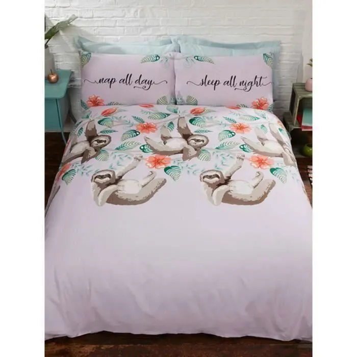 Housse de couette et taies d'oreiller - Paresseux - Double - 200x200 cm - Lilas - Lavable en machine-0