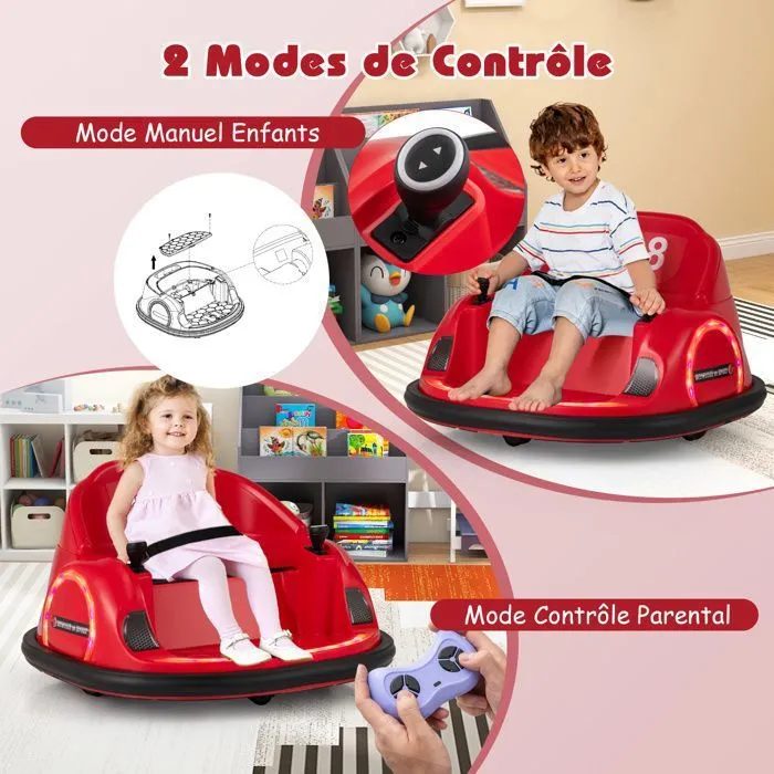 COSTWAY 12V Auto Tamponneuse Electrique pour Enfants, Connexion Sans Fi, LED, Musique, Rotation à 360°, 18+ Mois Rouge-2