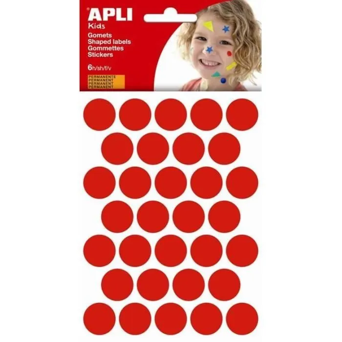 Pochette de gommettes - APLI - Rouge - Ø 20 mm - 6 feuilles - Adhésif permanent-0