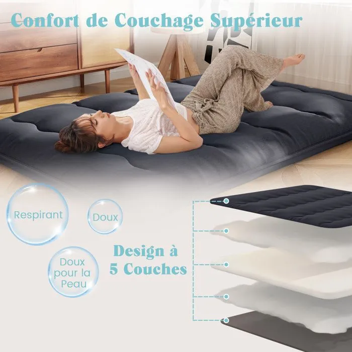 COSTWAY Matelas Futon 140 x 200 CM, Surmatelas Amovible Lavable, Matelas de Sol Portable avec Sac de Transport pour Camping, Noir-5