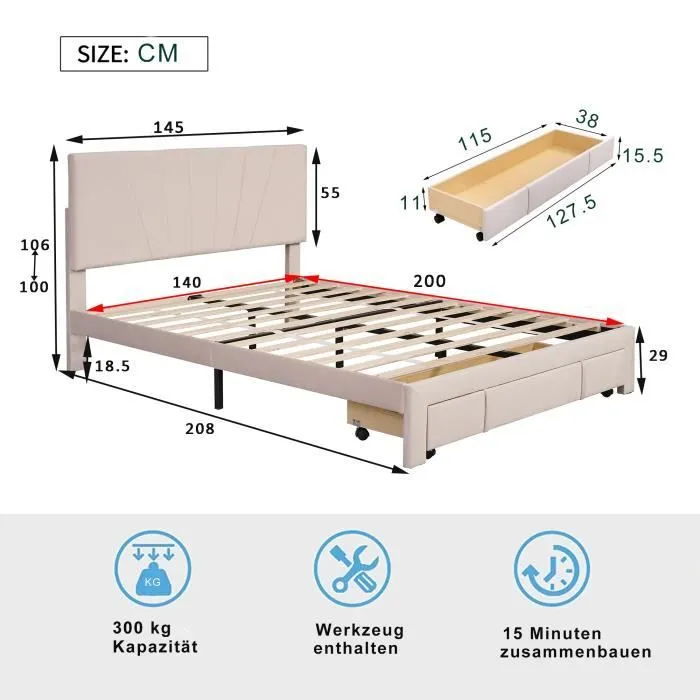 Lit double capitonné 140x200 cm en tissu avec grand tiroir, 2 personnes, Sommier à lattes inclus, Scandinave, Beige foncé-3