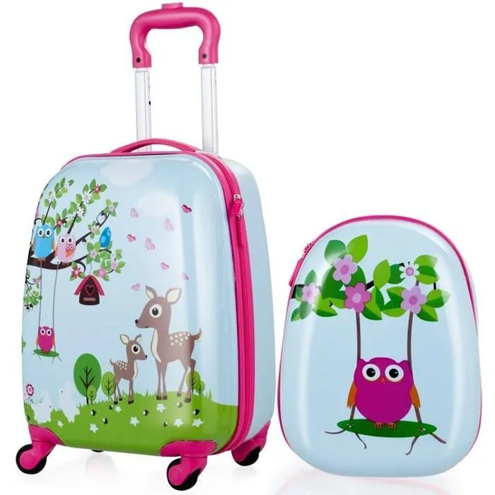COSTWAY Valise Enfant 16''et Sac à dos 12'' pour Enfants Set Bagage Enfant Trolley à Roulette Bleu Claire Imprimé de Forêt-0