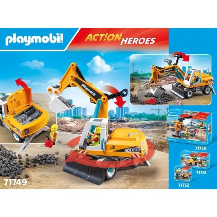 PLAYMOBIL 71749 Pelleteuse mécanique et ouvrier, Action Heroes, La construction, 31 pièces, Dès 4 ans-6
