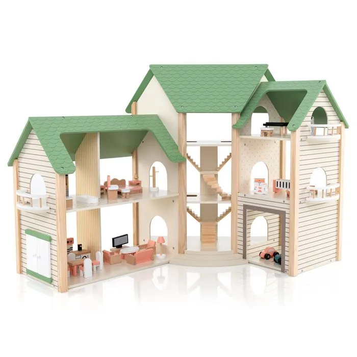COSTWAY Maison de Poupée d'Angle en Bois pour Enfants 3 Ans+, 3 Étages 6 Chambres avec 35 Accessoires, 87 x 37 x 83 cm, Vert-0