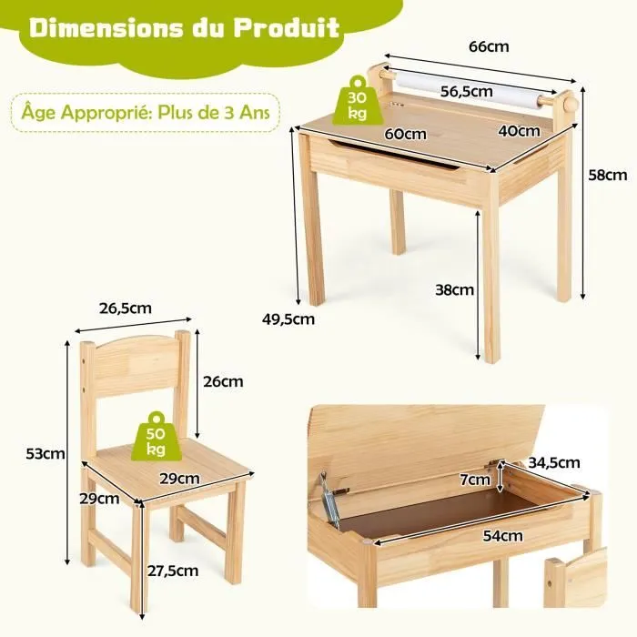 COSTWAY Bureau pour Enfants avec Chaise, Rouleau de Papier, Plateau Rabattable(Rangement Caché) en Bois pour 3+ Ans, Naturel-3