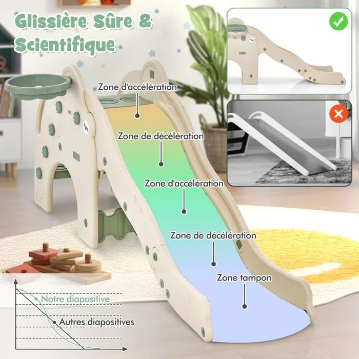 Toboggan 4 en 1 COSTWAY avec Panier de Basket, Ball, Escalade et pompe à ball - Jeu Intérieur-Extérieur Enfant dès 18 Mois Vert-4