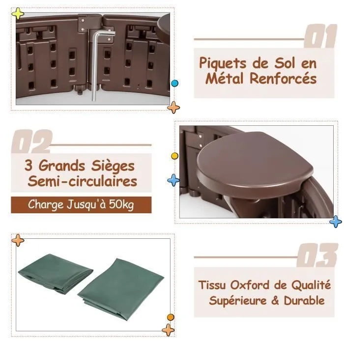 Bac à Sable Enfant - COSTWAY - Rond - Couverture Étanche et Anti-Poussière - 3 Sièges Détachables-1