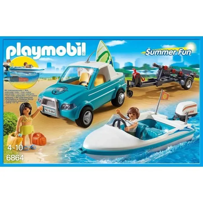 PLAYMOBIL - Summer Fun - Voiture avec Bateau et Moteur Submersible-1