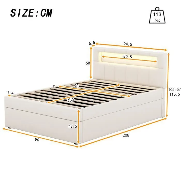 Lit coffre - Minimaliste - 90x200 cm - Velours beige - Tête de lit réglable LED - Avec tiroirs-3
