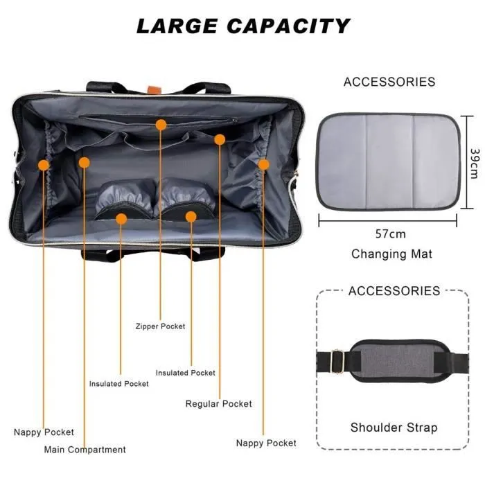 Sac À Langer Grande Bandoulière Multifonctionnel Bébé - Welavila - Quotidien - Gris - Femme-3