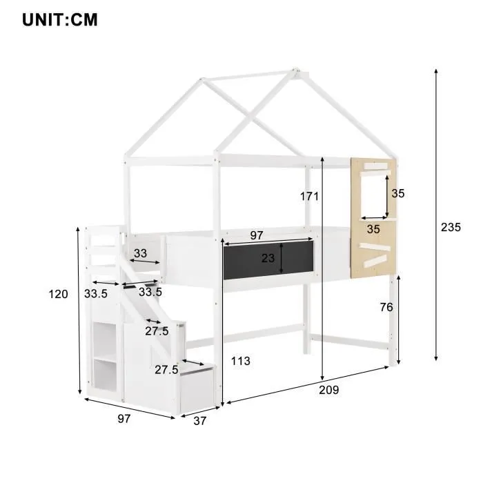 Lit combiné mezzanine enfant 90x200cm avec escalier, fenêtre, planche et 3 tiroirs, maison de jeu pour enfants en bois massif, blanc-3
