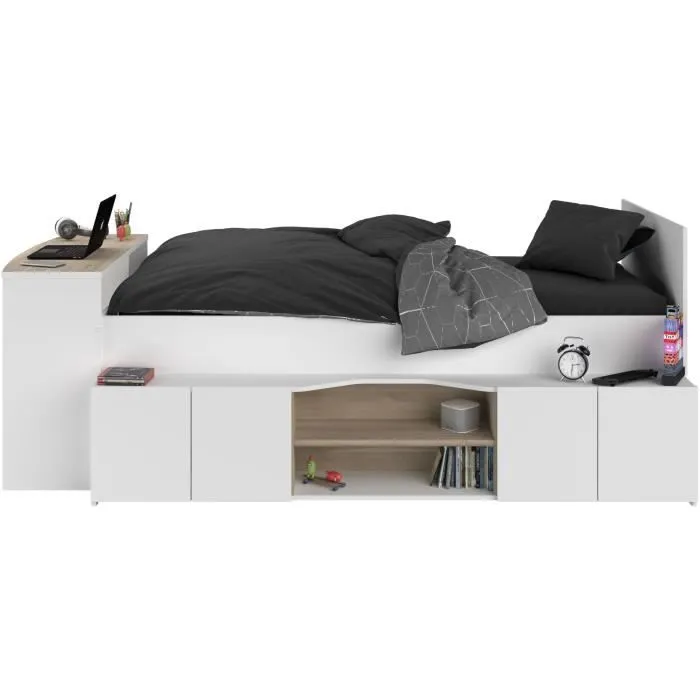 Lit combiné enfant avec rangements et bureau CLOE - 90 x 200 cm - Décor blanc et chêne - PARISOT-4