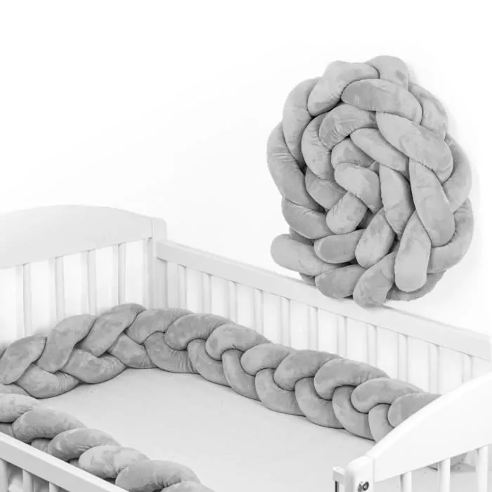 Tour de lit bebe 150 cm - tour de lit tresse bebe fille et les garçon coussin serpent bébé Gris-0