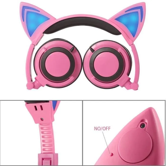 Casque audio enfant - EYOYO - Oreille de chat pliable - LED - Rose + Bleu-1