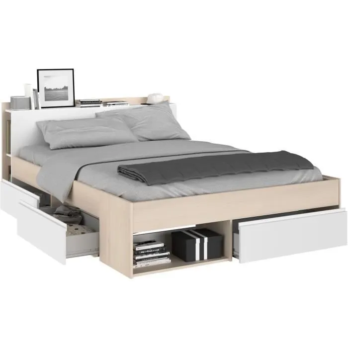 Lit adulte COMBO 160x200 cm - Chêne et blanc- 3 Tiroirs - PARISOT-0