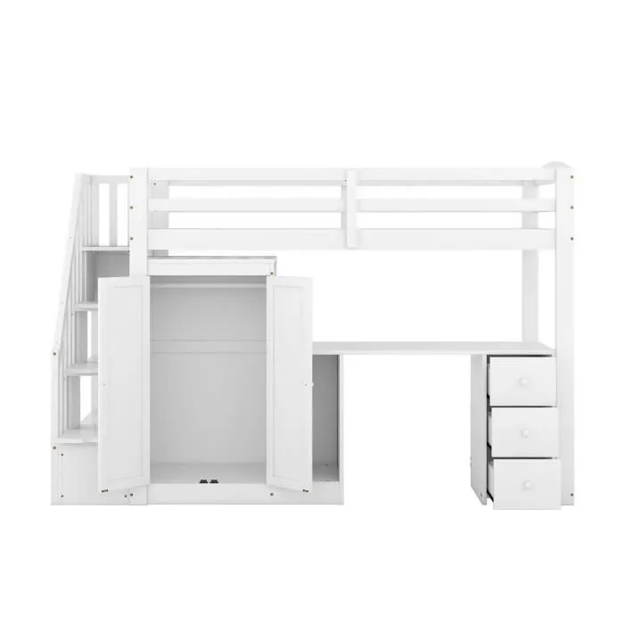 Lit mezzanine 90x200cm avec escalier de rangement, bureau, tiroirs et armoire, sommier à lattes, cadre en pin, blanc-2