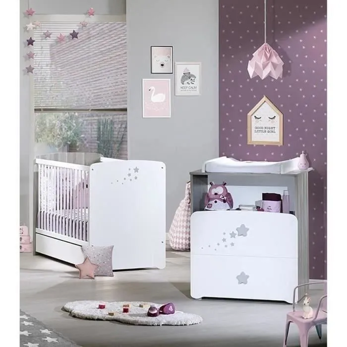 Chambre bébé duo Nao: lit 120x60, commode à langer - Babyprice - Blanc-0
