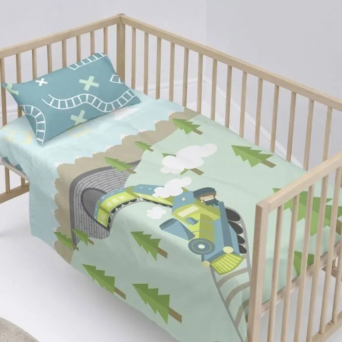 Parure de draps - happynois - Train - 100% coton - 120x180 cm - Lit bébé-0