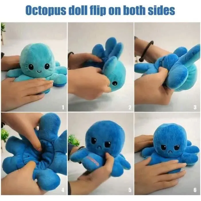 Jouet en Peluche Pieuvre Mignonne Jouet en Peluche Double Face Flip Octopus, Jolie poupée de Poulpe réversible, poupée danimaux-1