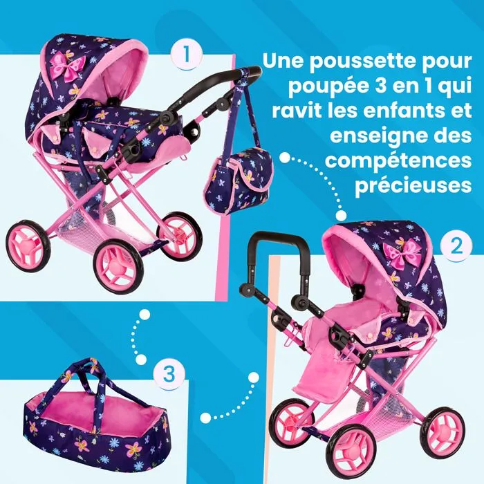 Kinderplay Poussette Jouet, Poussette Landau pour Poupée, Gondola, Combi Poignée Ajustable 32-63cm 2en1 KP0200T-1