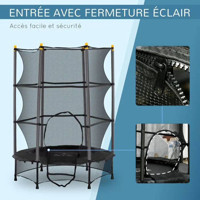 Trampoline Enfant HOMCOM Ø 1,40 × 1,90H m Filet de sécurité Porte zipée Couvre-Ressorts 6 poteaux rembourrés Inclus Noir-4