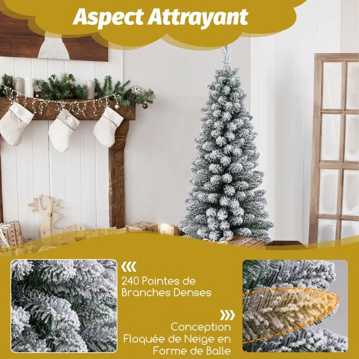 Sapin de Noël Artificiel 120 cm COSTWAY, Floqué de Neige, Support en Métal Pliable, 240 Branches, Forme Fine, pour Petits Espaces-2