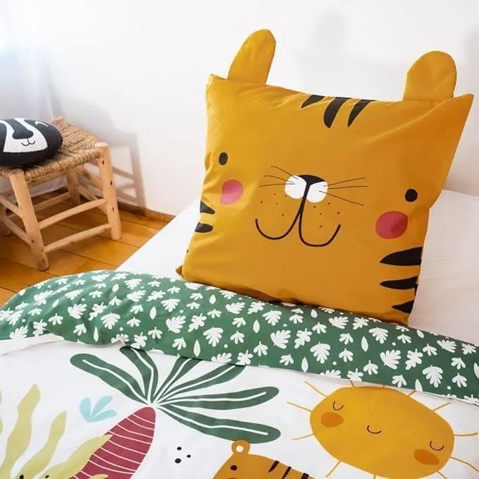 Parure de lit Enfant Réversible Lion Vert et Jaune Housse de Couette 140x200cm + 1 taie d'oreiller 63x63cm 100% Coton-0