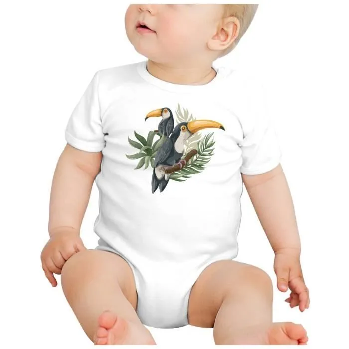 Body Bébé Manche Courte Blanc Toucan Perché Arbre Tropical Exotique Jungle Oiseau-1