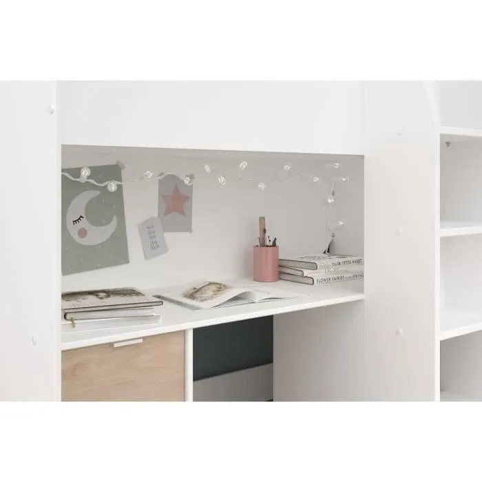 Lit combiné mezzanine enfant - TOM - Blanc et chêne - Armoire, bureau et sommier inclus-5