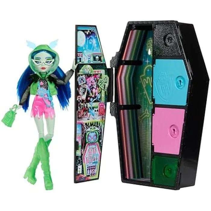 Monster High Coffret Monstrueux Secrets Série Frayeurs Néon avec Poupée Articulée Ghoulia Yelps, Casier, Plus De 19 Surprises, Plus-0