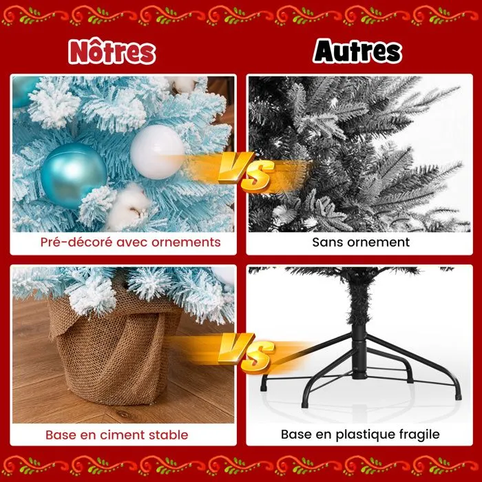 COSTWAY Mini Sapin de Noël Artificiel Pré-décoré 90 cm, 12 Boules de Coton Naturel, 24 Boules Décoratives, Base en Ciment, Bleu-2