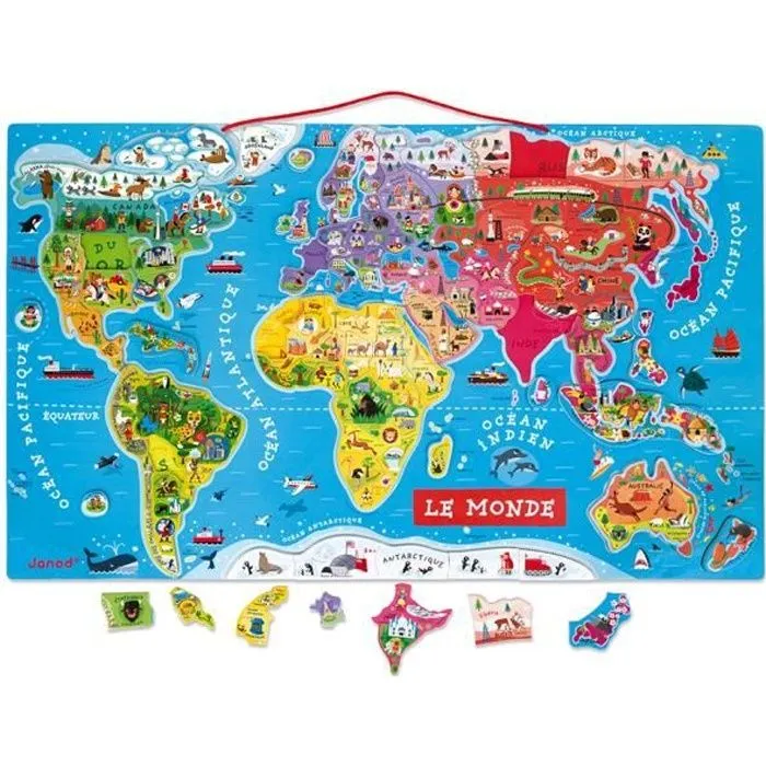 Puzzle Monde Magnétique en bois - Janod - 92 pièces - Dès 7 ans-0